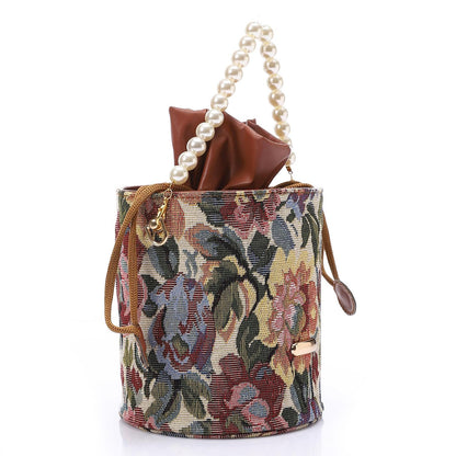 Tapestry Bucket Bag with Pearl Handle - Multicolor