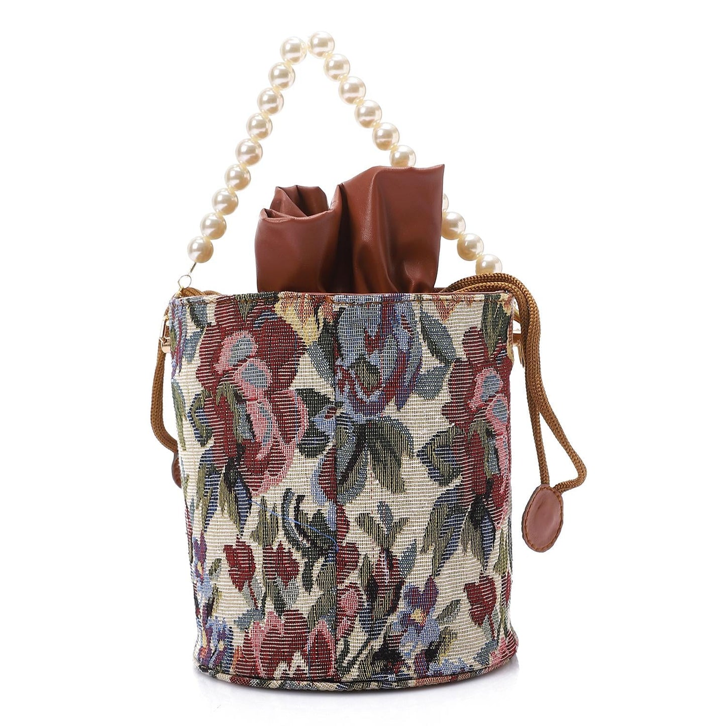 Tapestry Bucket Bag with Pearl Handle - Multicolor