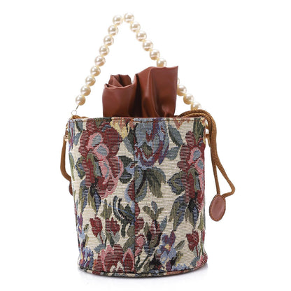 Tapestry Bucket Bag with Pearl Handle - Multicolor