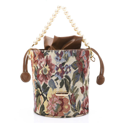 Faux leather Bucket Bag with Pearl Handle - Brown