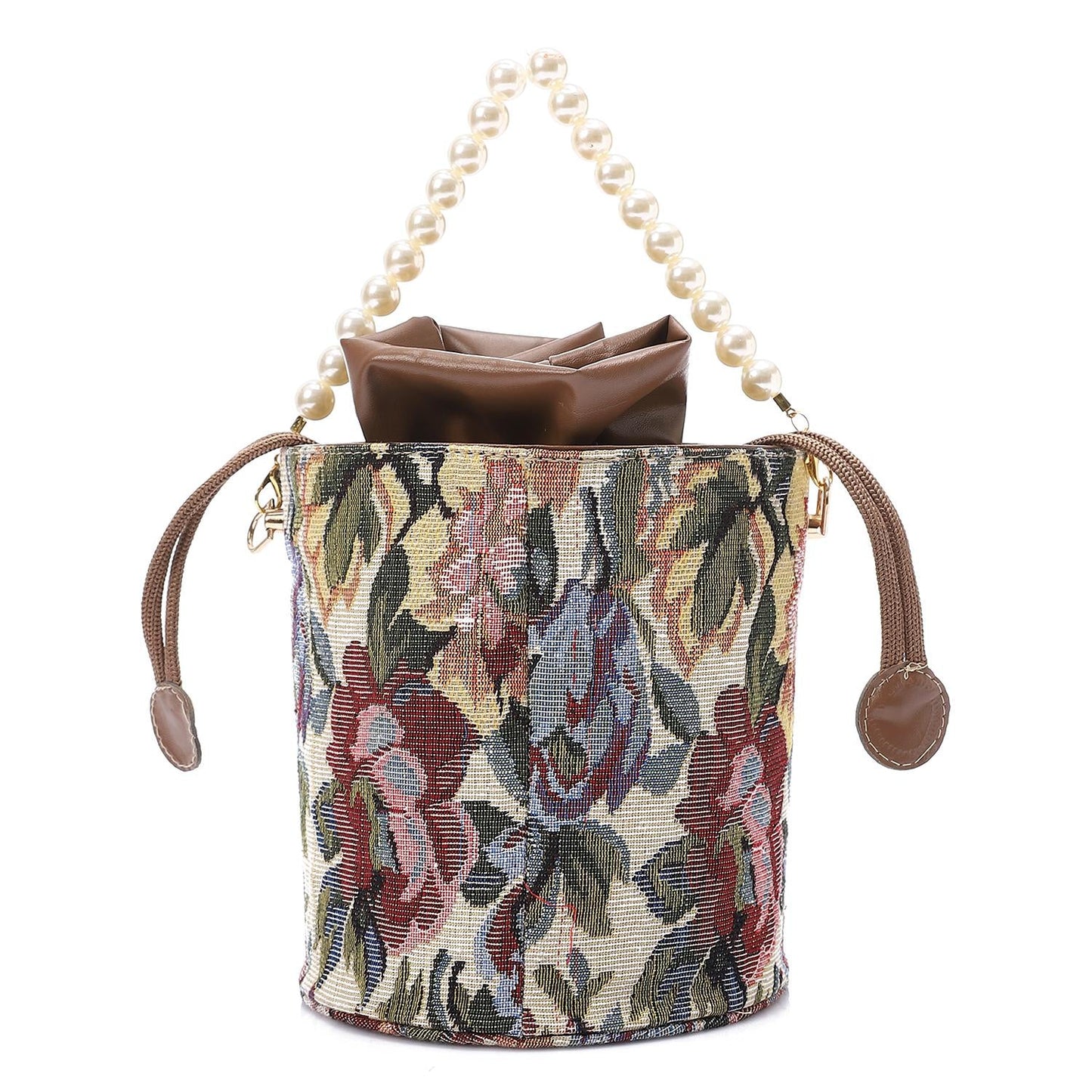 Faux leather Bucket Bag with Pearl Handle - Brown