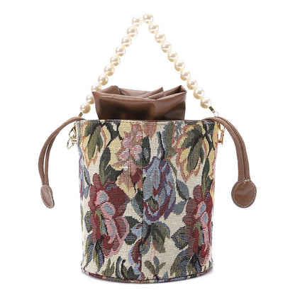 Faux leather Bucket Bag with Pearl Handle - Brown