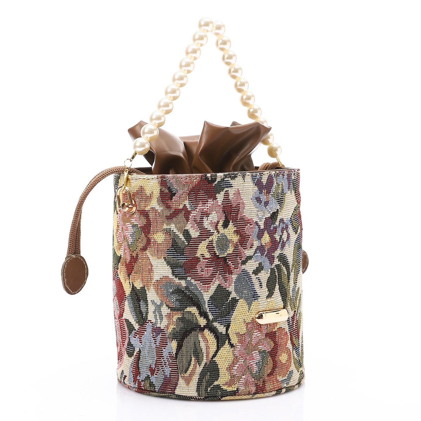 Faux leather Bucket Bag with Pearl Handle - Brown