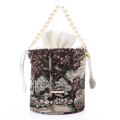 Tapestry Bucket Bag with Pearl Handle - Multicolor