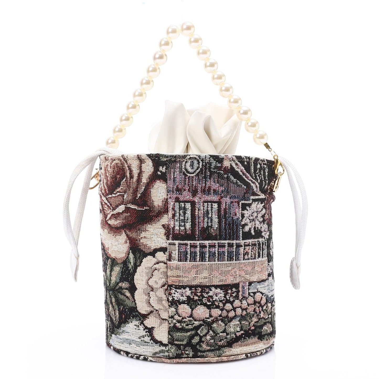 Tapestry Bucket Bag with Pearl Handle - Multicolor