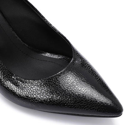 Faux Leather Pointed-Toe Sculptural Heel Pump - Black