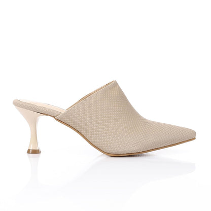 Faux Leather Pointed-Toe Kitten Heel Mule - Beige