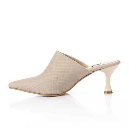 Faux Leather Pointed-Toe Kitten Heel Mule - Beige