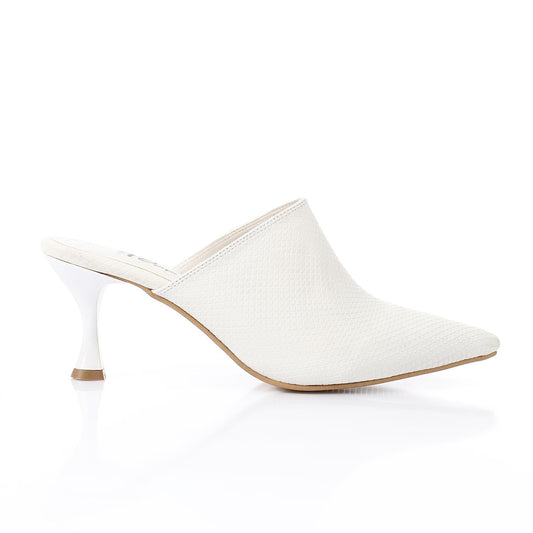 Faux Leather Pointed-Toe Kitten Heel Mule - White