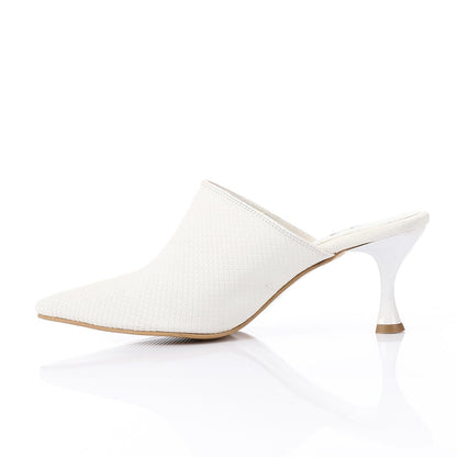 Faux Leather Pointed-Toe Kitten Heel Mule - White
