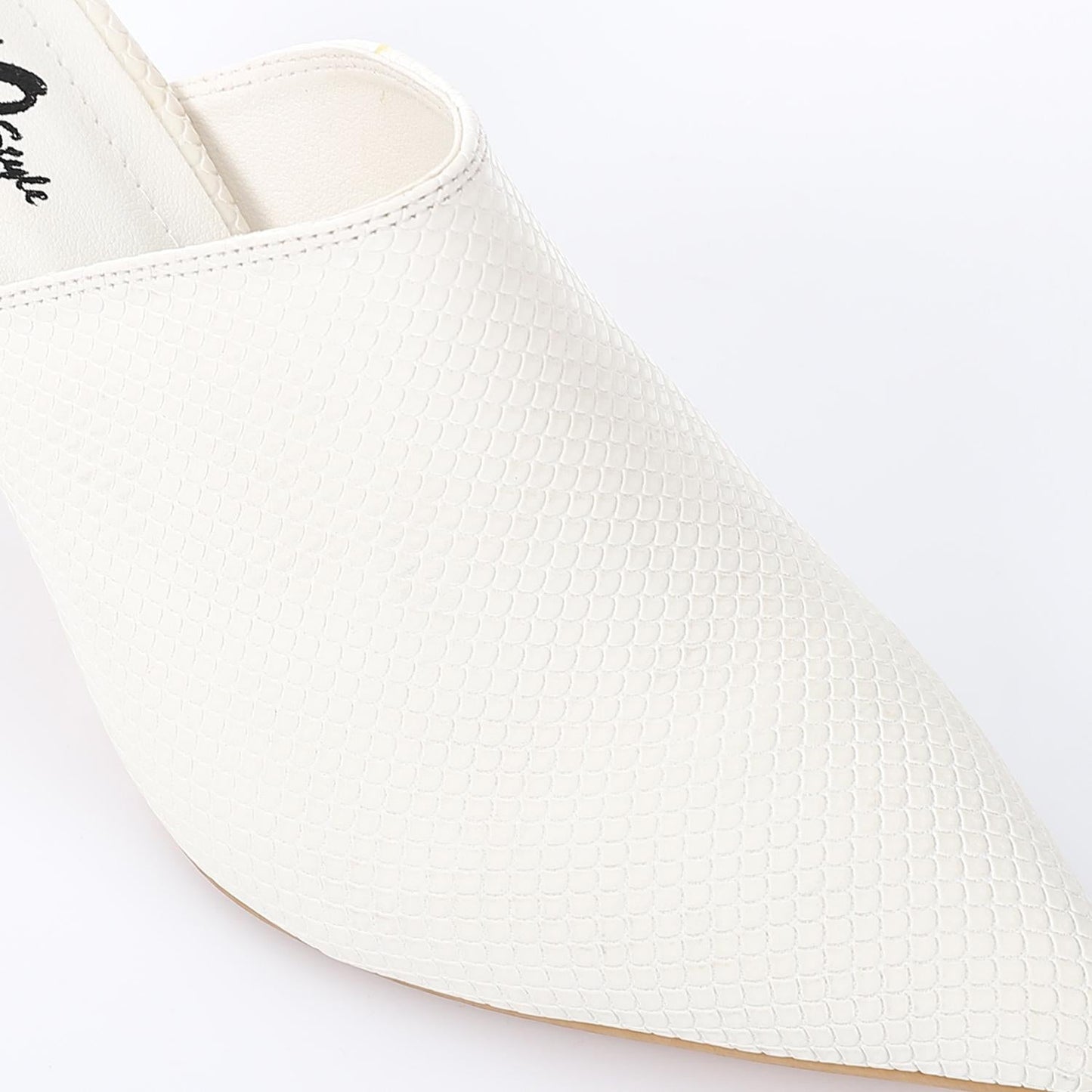 Faux Leather Pointed-Toe Kitten Heel Mule - White