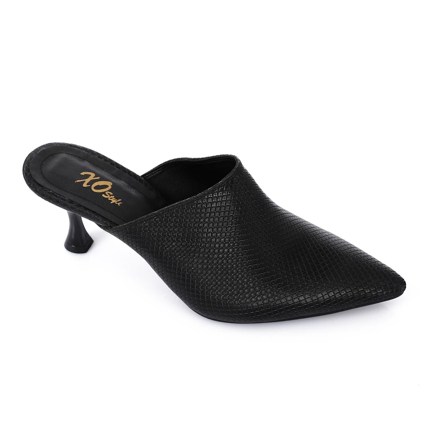 Faux Leather Pointed-Toe Kitten Heel Mule - Black