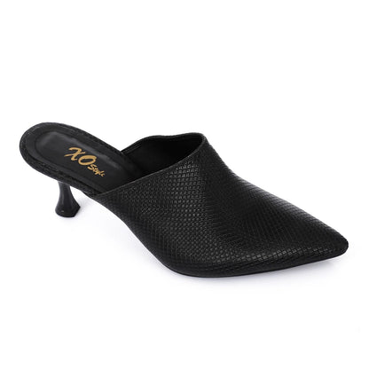 Faux Leather Pointed-Toe Kitten Heel Mule - Black