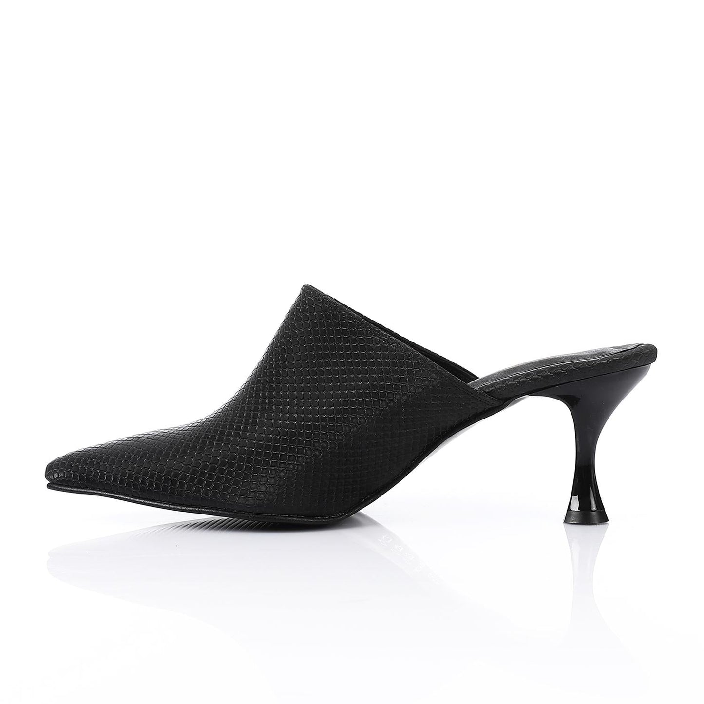 Faux Leather Pointed-Toe Kitten Heel Mule - Black