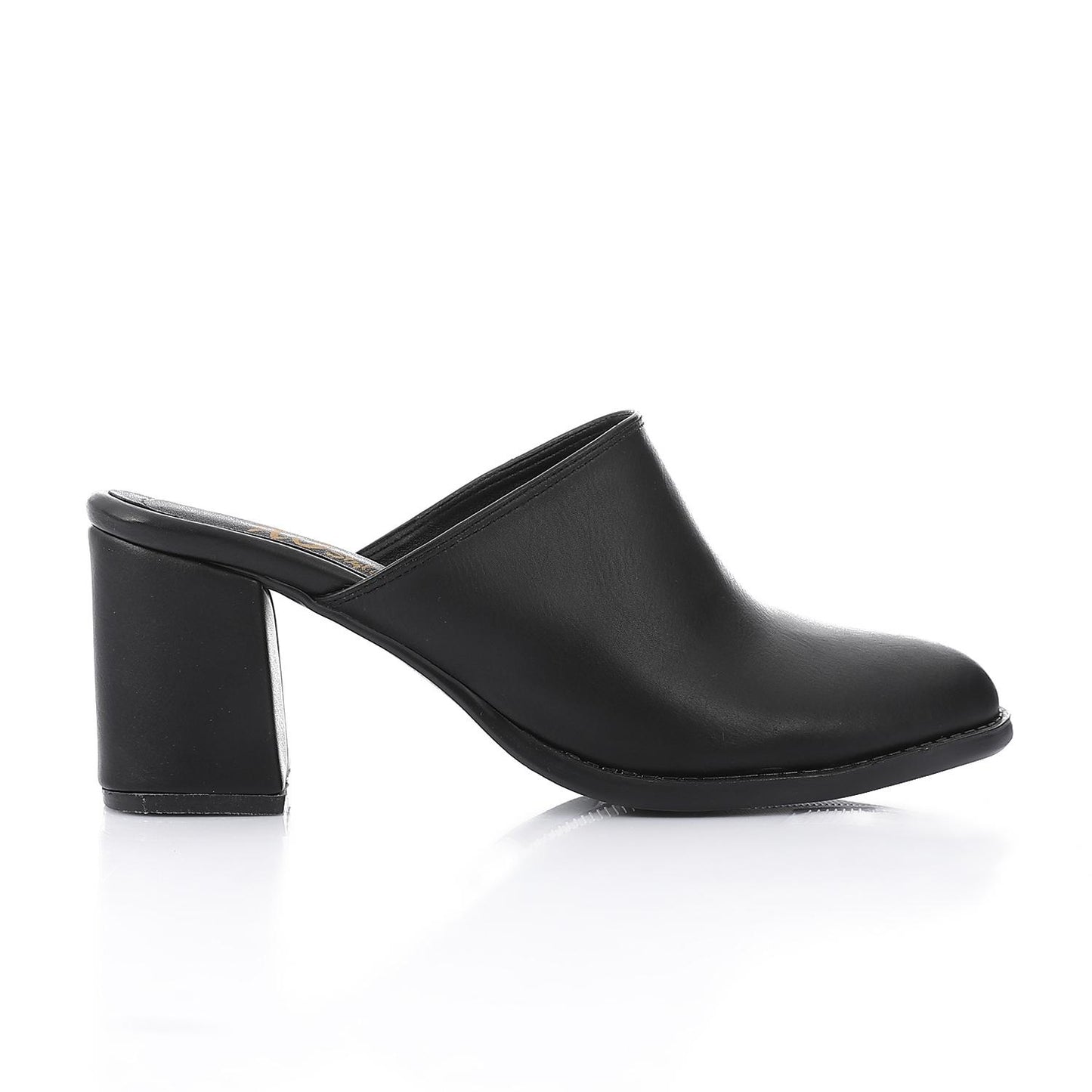 Leather Solid Block Heel Mules – Black