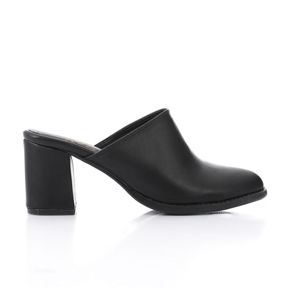 Leather Solid Block Heel Mules – Black