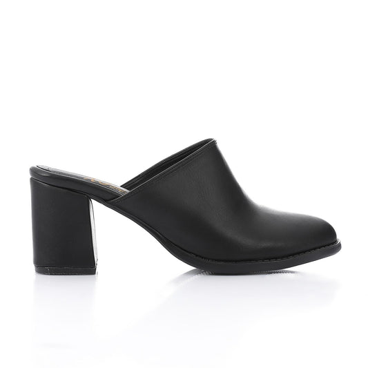 Leather Solid Block Heel Mules – Black