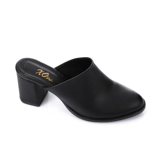 Leather Solid Block Heel Mules – Black