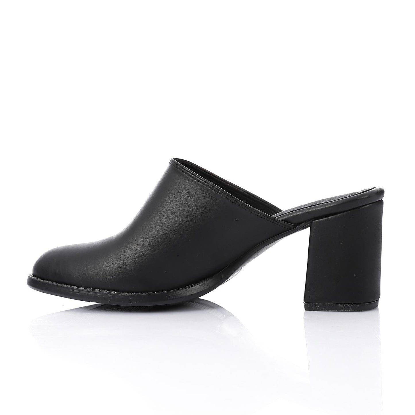 Leather Solid Block Heel Mules – Black