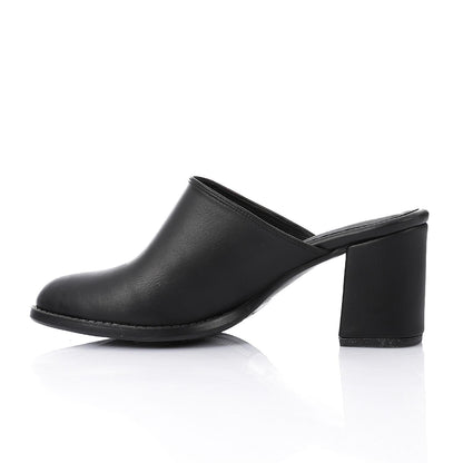 Leather Solid Block Heel Mules – Black