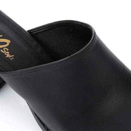 Leather Solid Block Heel Mules – Black