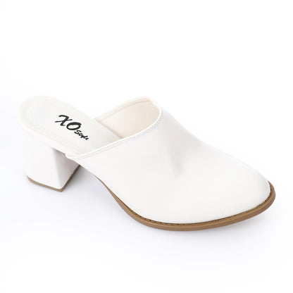 Leather Solid Block Heel Mules – White