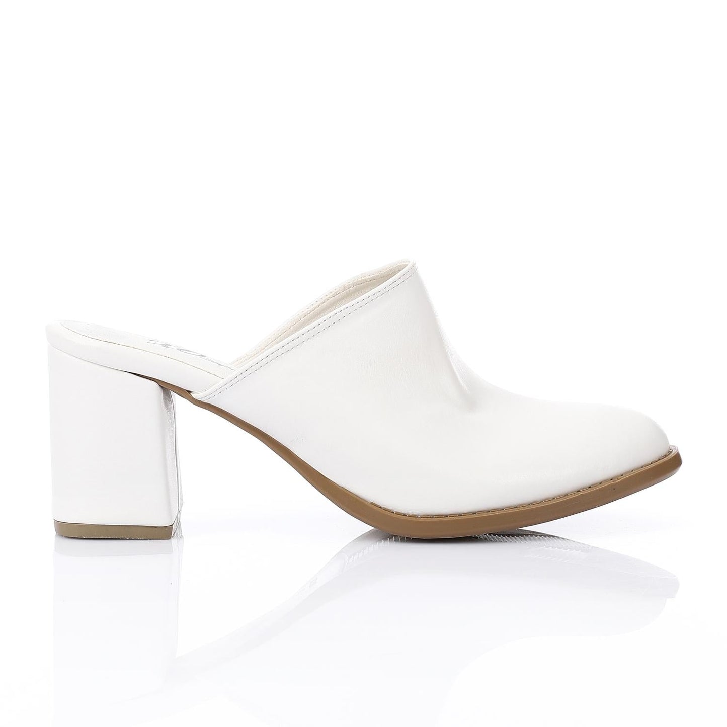 Leather Solid Block Heel Mules – White