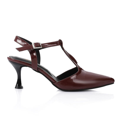 Faux Leather T-Strap Heeled Shoe – Burgundy