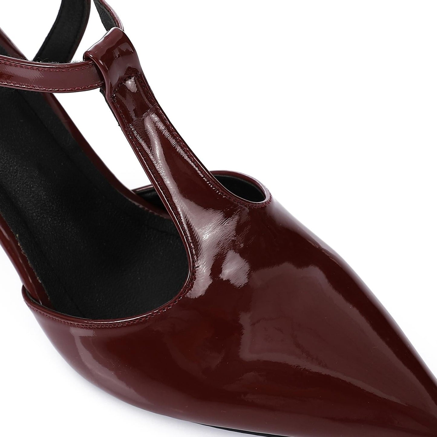 Faux Leather T-Strap Heeled Shoe – Burgundy