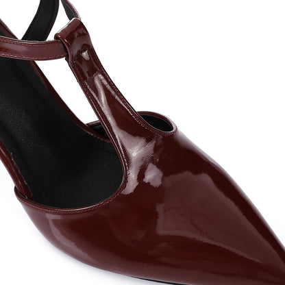 Faux Leather T-Strap Heeled Shoe – Burgundy