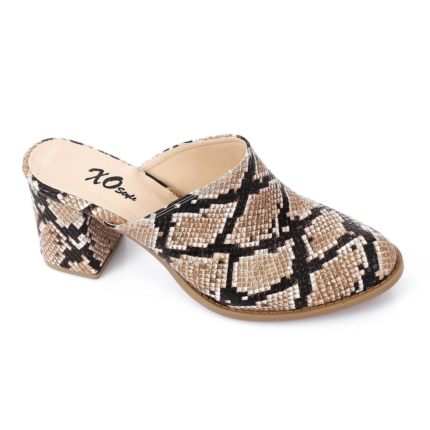 Faux Leather Snakeskin Block Heel Mules – Beige