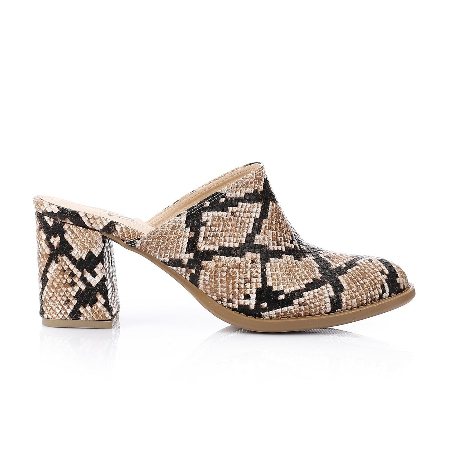 Faux Leather Snakeskin Block Heel Mules – Beige