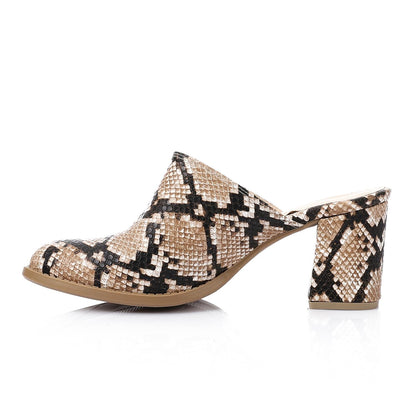 Faux Leather Snakeskin Block Heel Mules – Beige