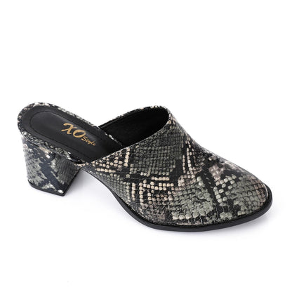Faux Leather Snakeskin Block Heel Mules – Black