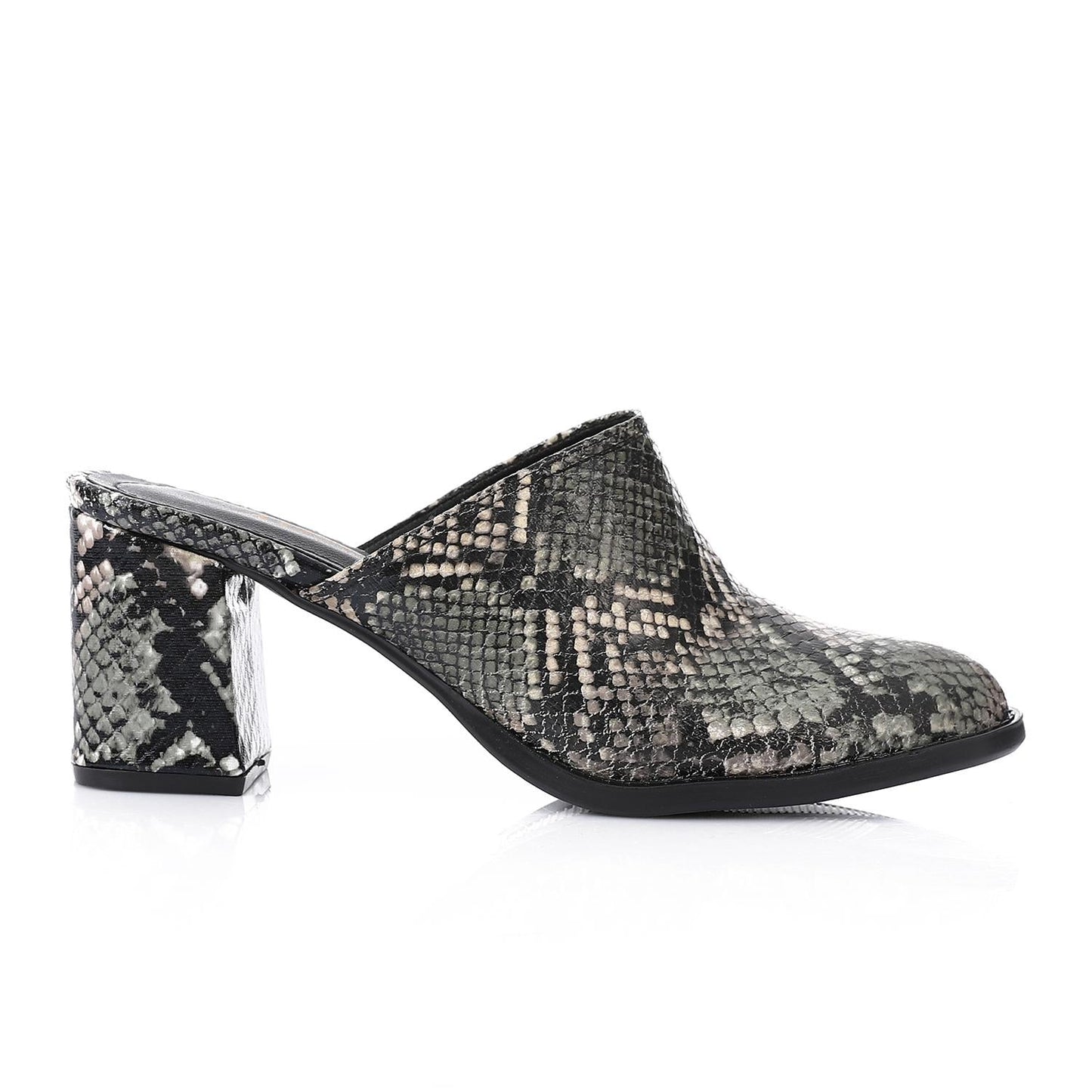 Faux Leather Snakeskin Block Heel Mules – Black