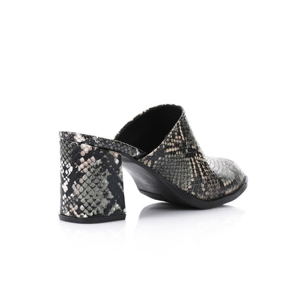 Faux Leather Snakeskin Block Heel Mules – Black
