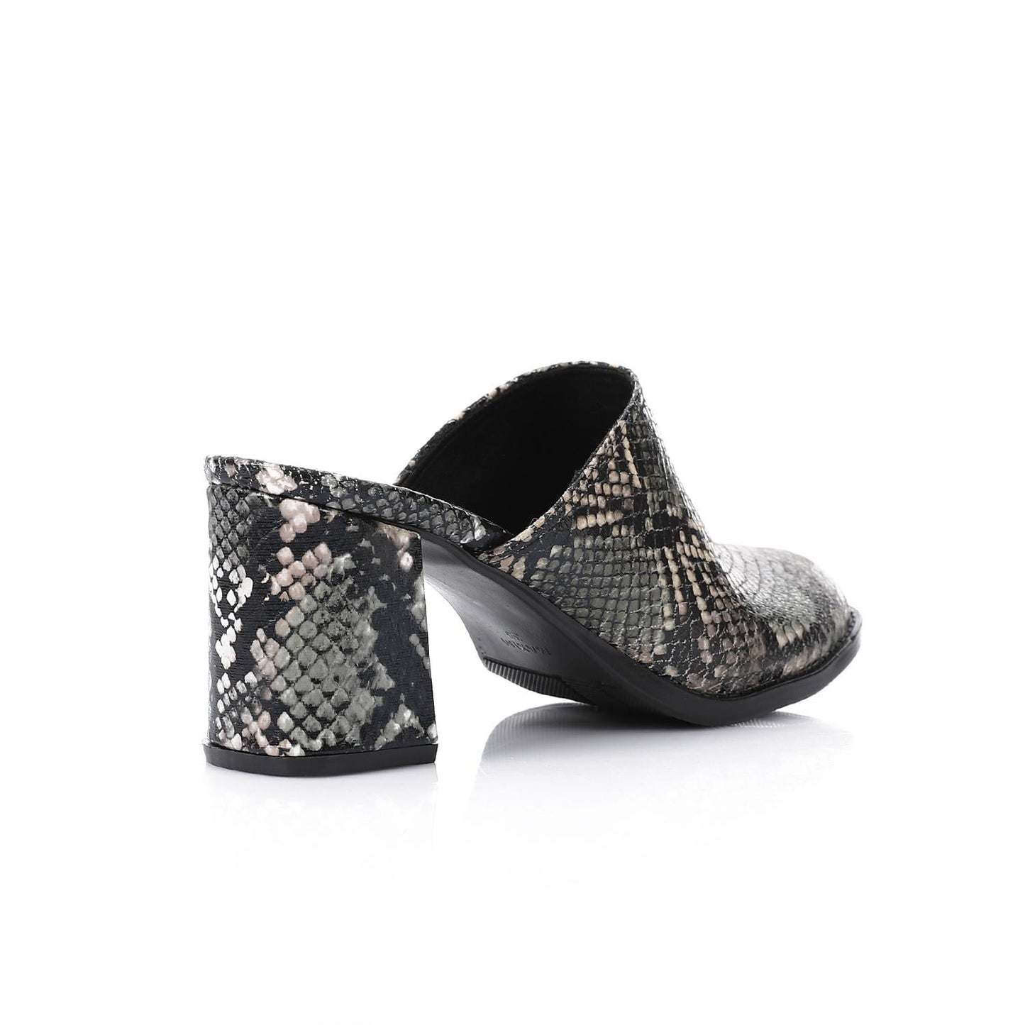 Faux Leather Snakeskin Block Heel Mules – Black
