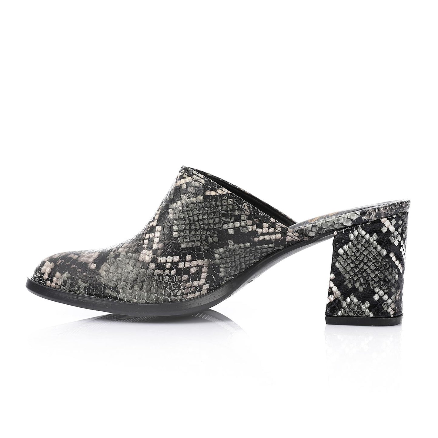 Faux Leather Snakeskin Block Heel Mules – Black