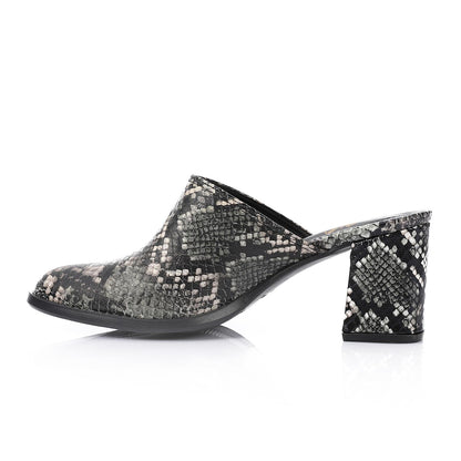 Faux Leather Snakeskin Block Heel Mules – Black