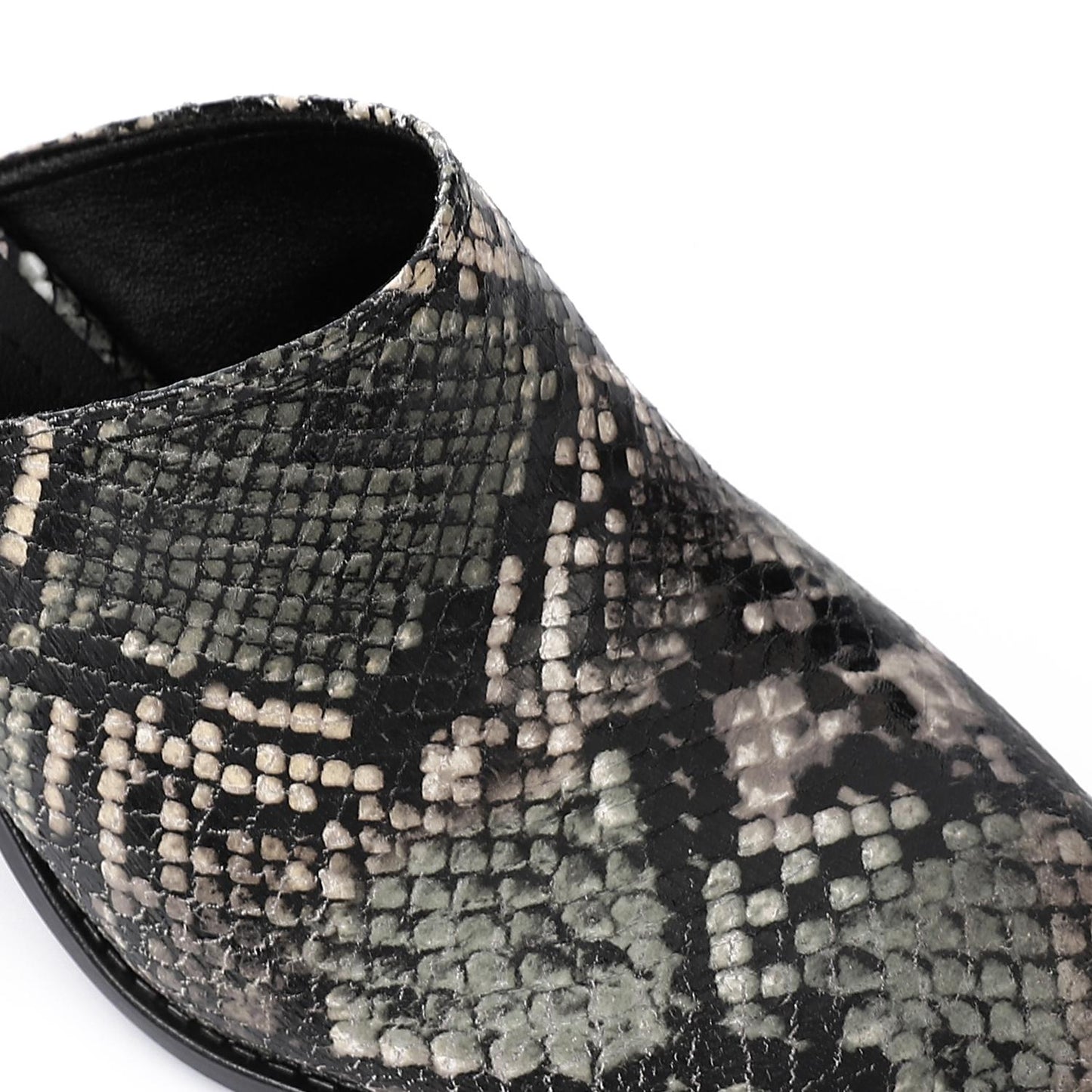 Faux Leather Snakeskin Block Heel Mules – Black