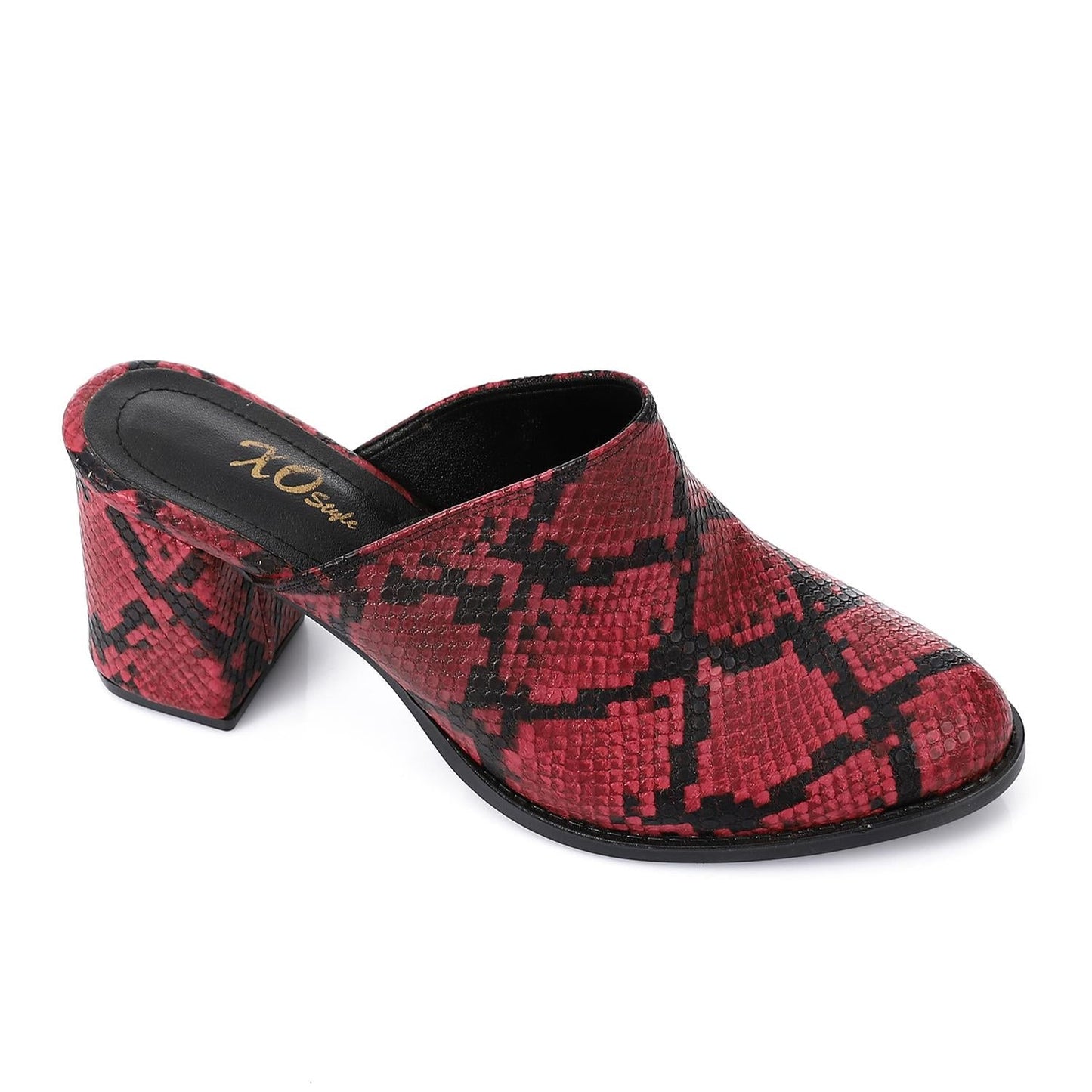 Faux Leather Snakeskin Block Heel Mules – Burgundy