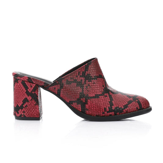 Faux Leather Snakeskin Block Heel Mules – Burgundy