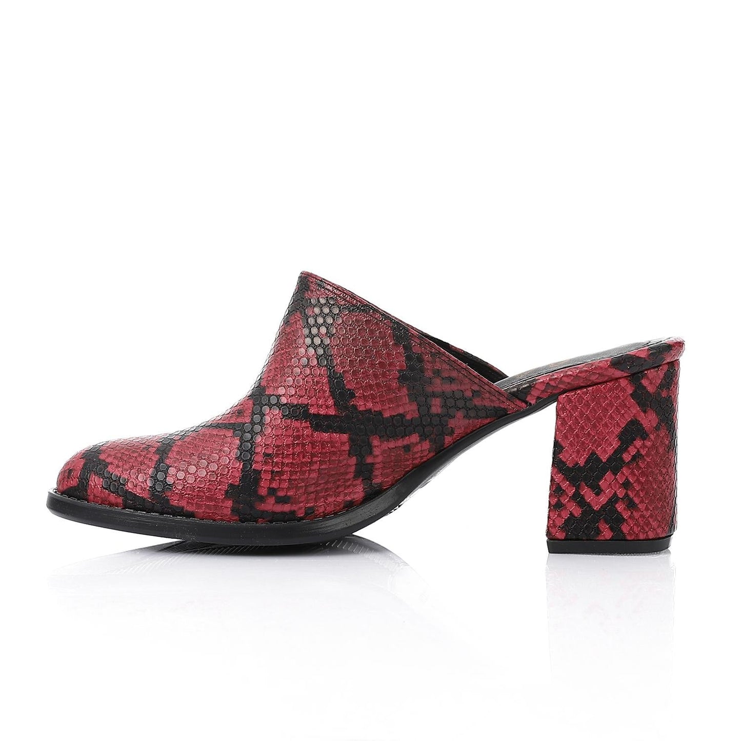 Faux Leather Snakeskin Block Heel Mules – Burgundy