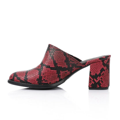 Faux Leather Snakeskin Block Heel Mules – Burgundy
