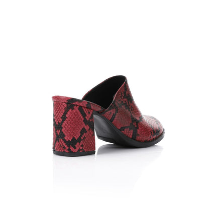 Faux Leather Snakeskin Block Heel Mules – Burgundy