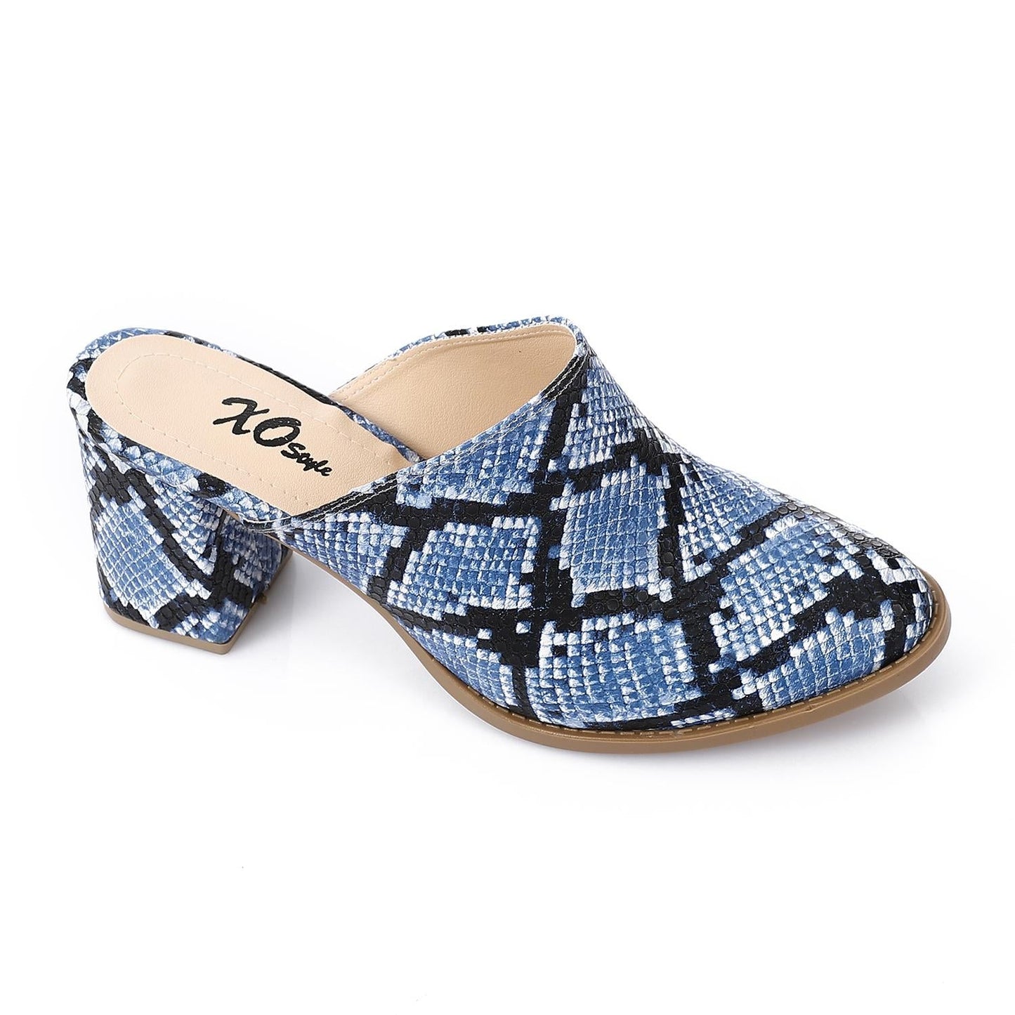 Faux Leather Snakeskin Block Heel Mules – Blue