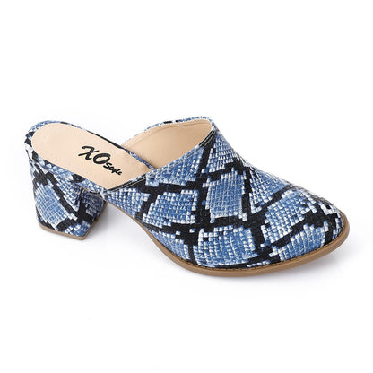 Faux Leather Snakeskin Block Heel Mules – Blue
