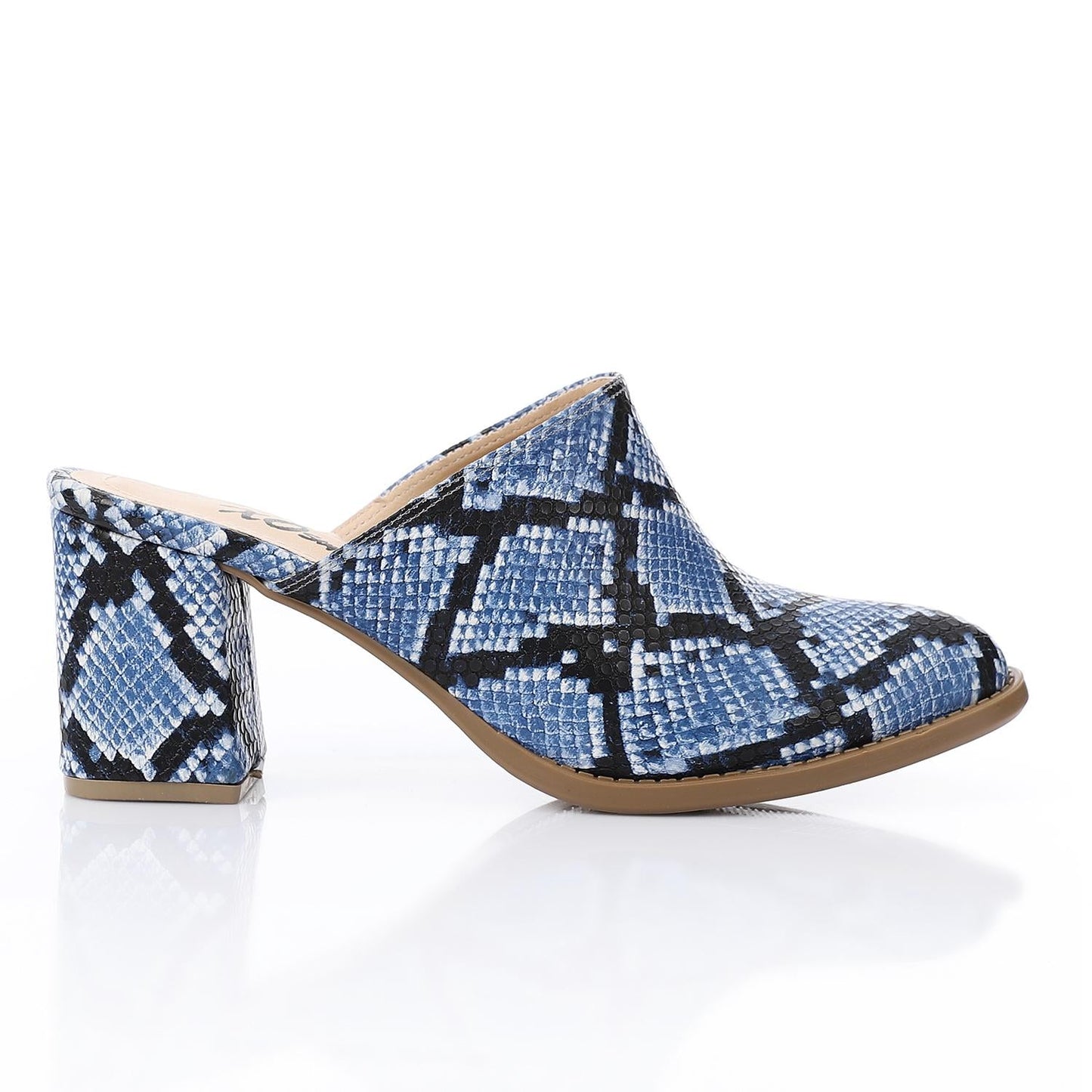 Faux Leather Snakeskin Block Heel Mules – Blue