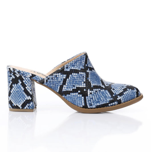 Faux Leather Snakeskin Block Heel Mules – Blue