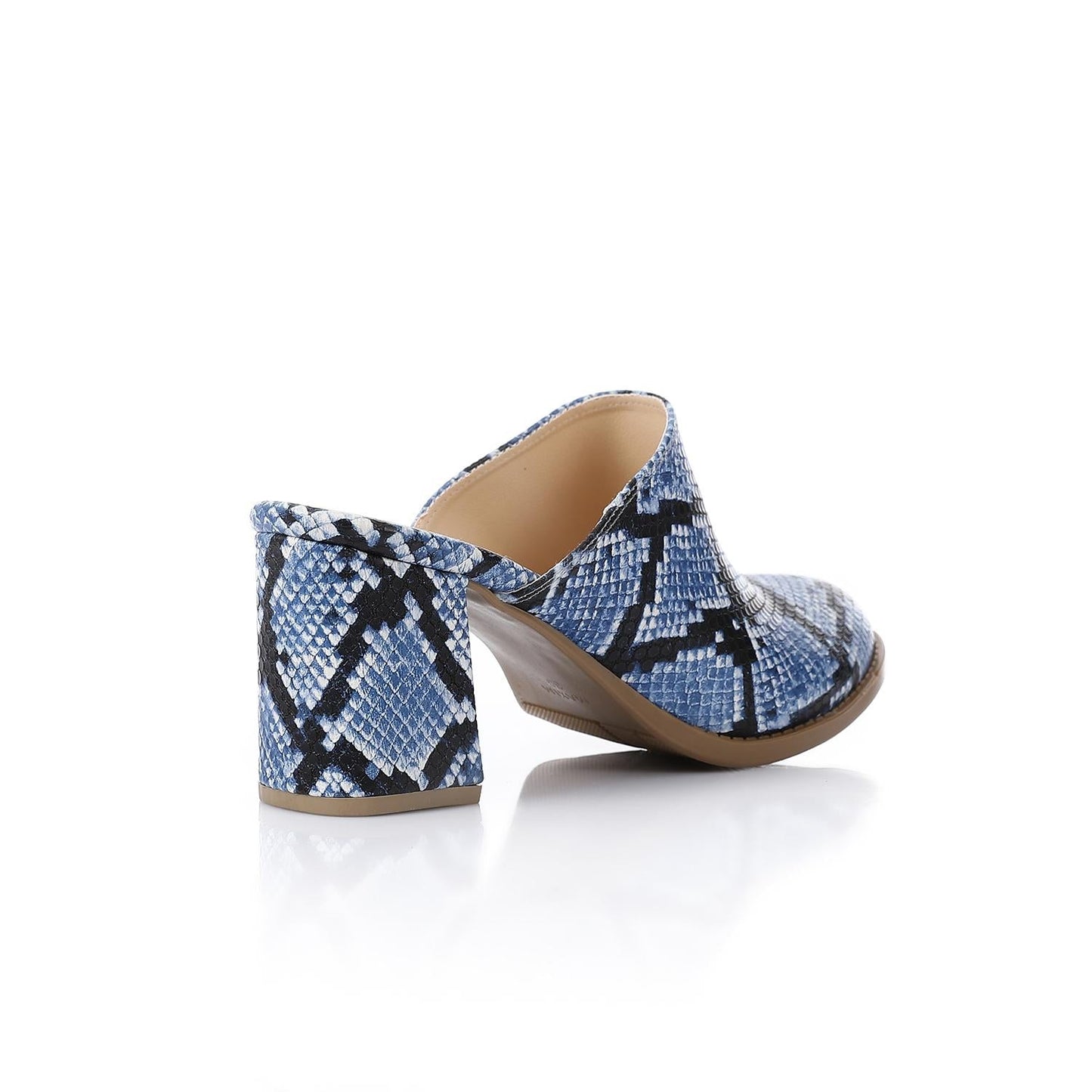Faux Leather Snakeskin Block Heel Mules – Blue